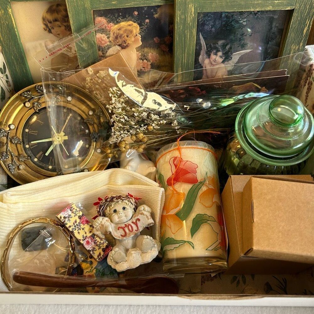 Vintage Grandma’s Vanity Junk Drawer Lot Jewelry Candle Bath Clock Trinkets
